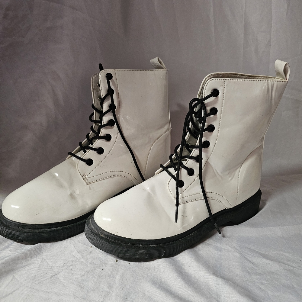 White Lace-Up Platform Combat Boots - Women's